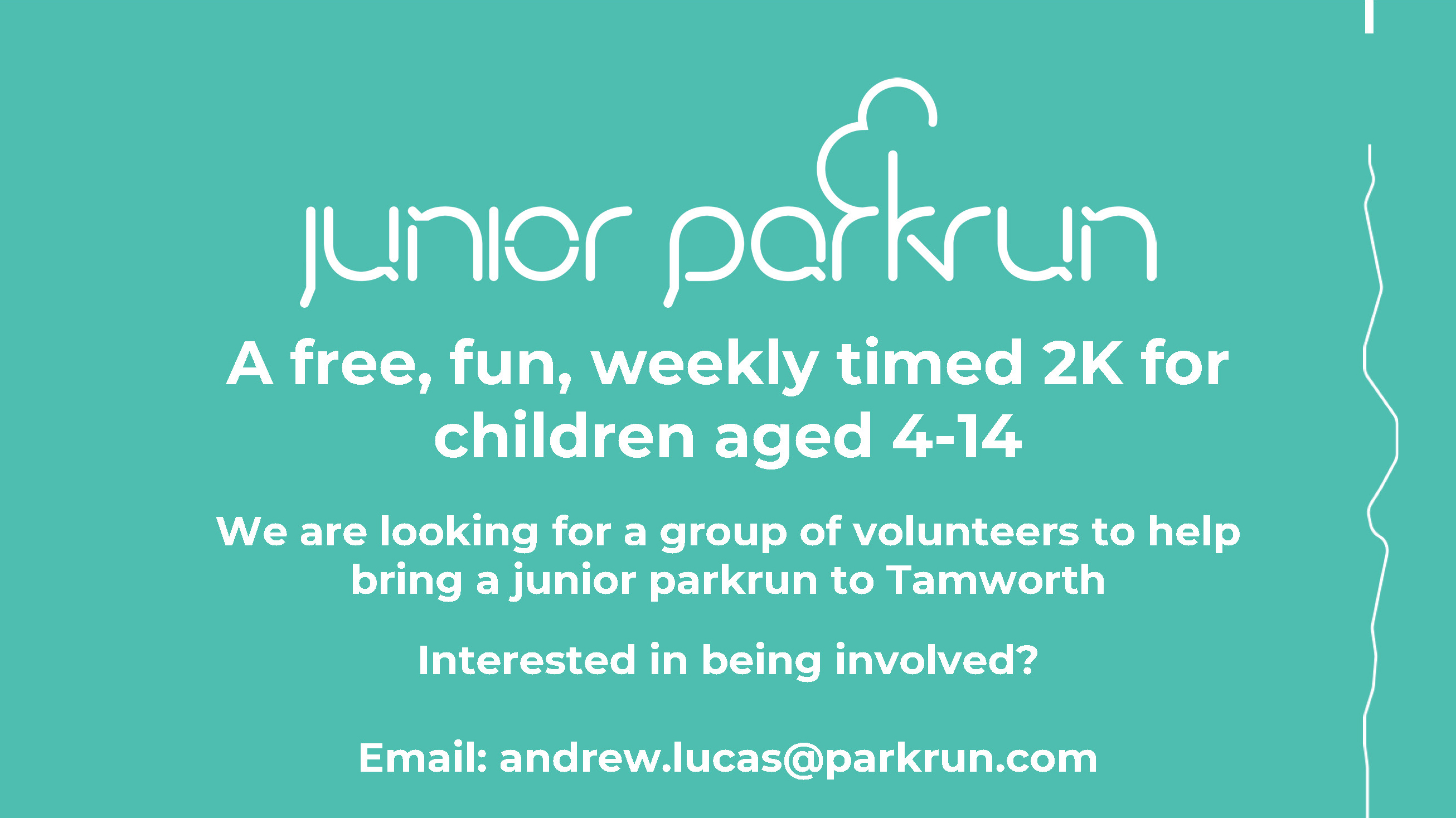 Text on a green background that provides contact details for volunteers to email regarding the junior parkrun