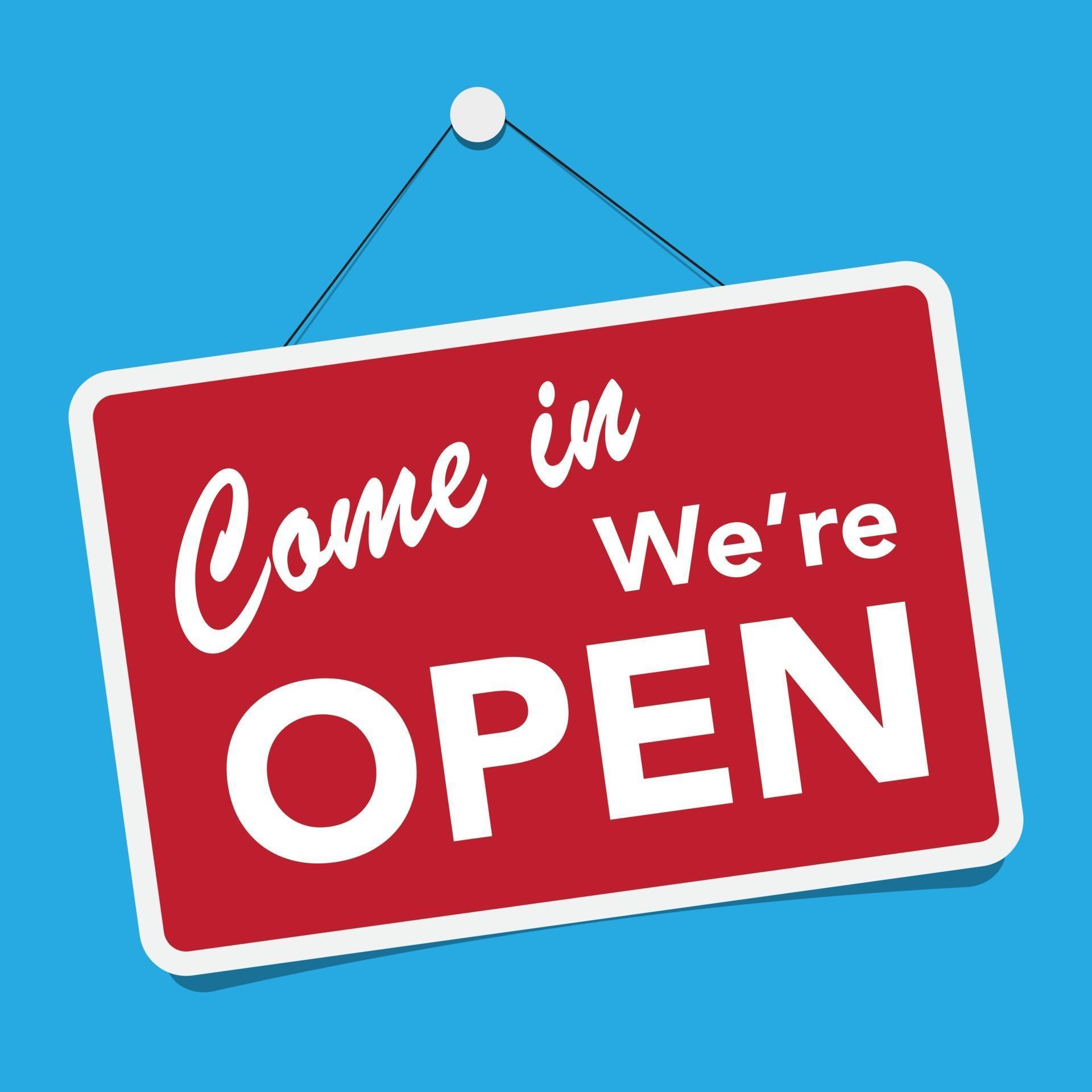 graphic with blue background and red sign saying come in we're open