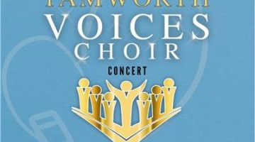 Tamworth Voices choir logo - gold choir figures on a light blue background with a white music note