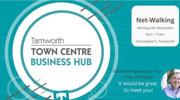 poster with teal background and a white circle with writing 'Tamworth town centre business hub'.