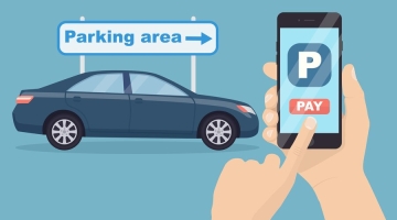 graphic with a green background, a dark car, signage saying 'parking area' and two hands holding a mobile phone with a P and 'pay' sign.